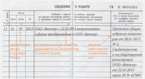 Запись о реорганизации юридического лица в трудовой книжке работника филиала
